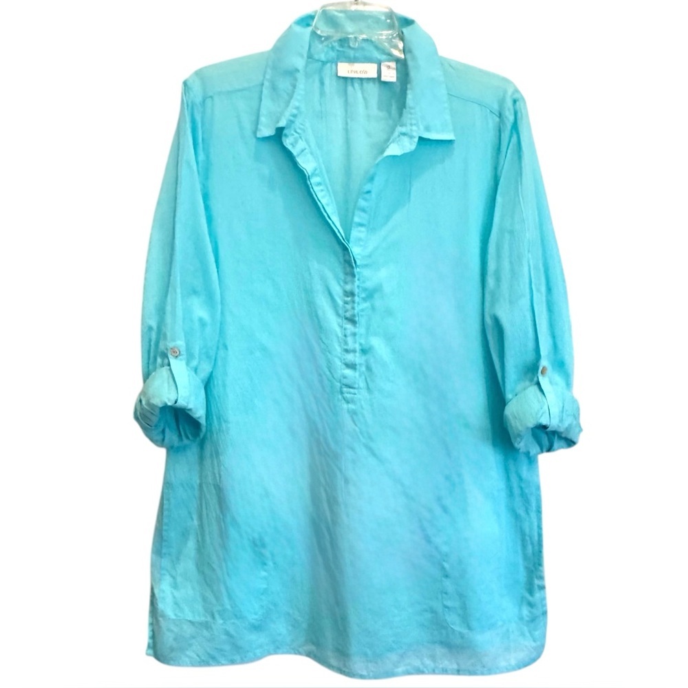 Chico’s Size 2 (US L) Blue Lightweight Cotton 1/2 Button Front Pockets Tunic